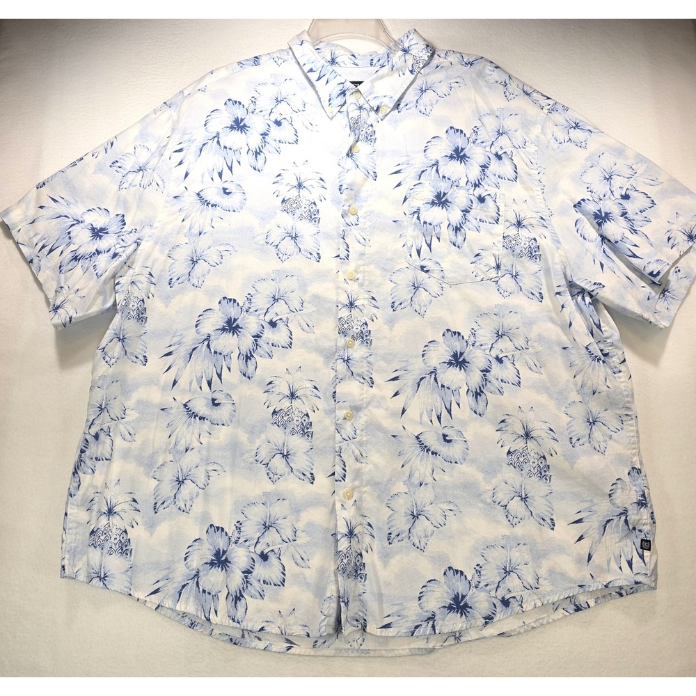 Chaps Mens 3XB Blue White Tropical Hibiscus Pineapple Untucked Button Down Shirt